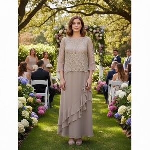 Cameron Blake by Mon Cheri Silk Gown Sz 20 Taupe Lace Sequin Formal Mother Bride